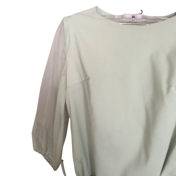 Vintage Sage Green Sheer Sleeve Dress With Tie-Waist Design - Picture 2 of 4